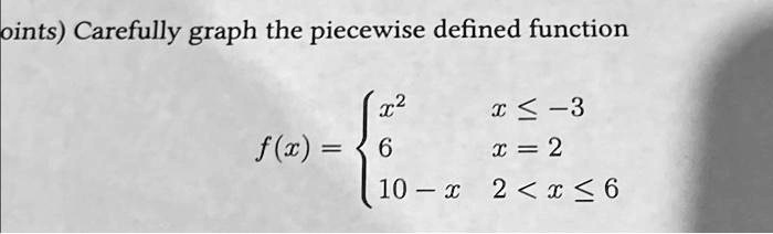 oints) Carefully graph the piecewise defined function
 x^2     x ≤-3
 6     x = 2 
 10 - x     2 < x ≤6 