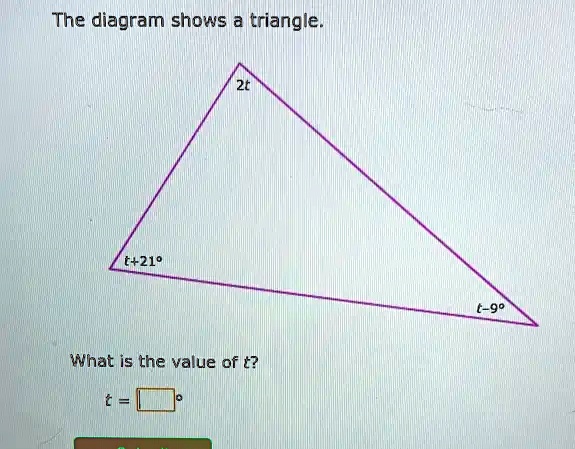 SOLVED: The diagram shows a triangle t+219 t-90 What is the value of t?
