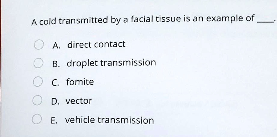 SOLVED: A cold transmitted by a facial tissue is an example of A ...