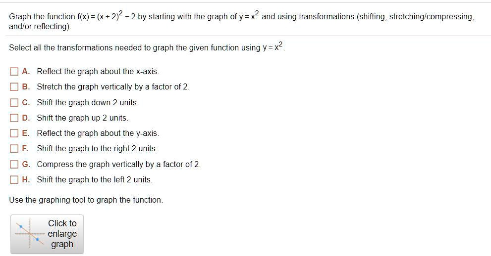 Solved Graph The Function F X X 2 2 2 By Starting With The Graph Of Y X2 And Using Transformations Shifting Stretching Compressing Andlor Reflecting Select All The Transformations Needed To Graph The Given