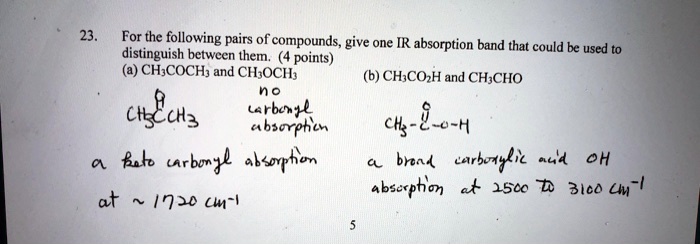 23. For the following pairs of compounds, give one IR absorption band that could be used to distinguish between them. (4 points)
(a) CH3COCH3 and CH3OCH3
a keto carbonyl absorption at   1720 cm-1
no carbonyl absorption
(b) CH3CO2H and CH3CHO
a broad carboxylic acid OH absorption at 2500 to 3100 cm-1