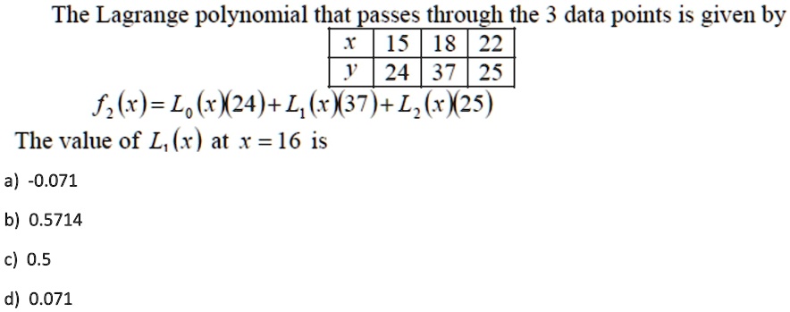 The Lagrange polynomial that passes through the 3 data points is given by
x | 15 | 18 | 22
y | 24 | 37 | 25
f2(x) = L0(x)(24) + L1(x)(37) + L2(x)(25)
The value of L1(x) at x = 16 is
a) -0.071
b) 0.5714
c) 0.5
d) 0.071