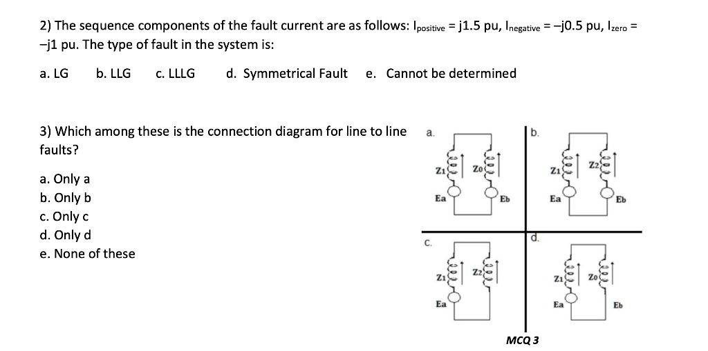 2) The sequence components of the fault current are as follows: Ipositive = j1.5 pu, Inegative = -j0.5 pu, Izero = -j1 pu. The type of fault in the system is:
a. LG b. LLG c. LLLG d. Symmetrical Fault e. Cannot be determined

3) Which among these is the connection diagram for line to line faults?
a. Only a
b. Only b
c. Only c
d. Only d
e. None of these