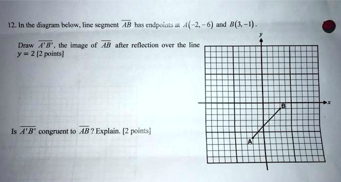12 in the diagram below line segment ab has endpoints j a 2 and b3i  draw b the image of ab alier refleetion over the line y 2 2 points is a b congruent to ab explain 2 points 24867
