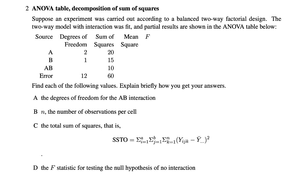 SOLVED: ANOVA table, decomposition of sum of squares Suppose an ...