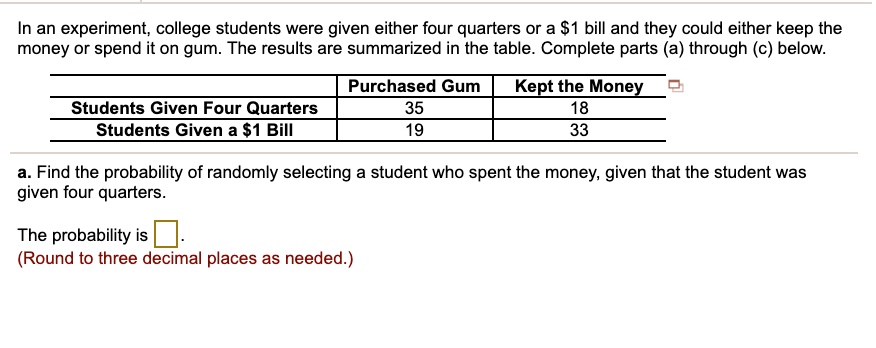 In an experiment, college students were given either four quarters or a 1 bill and they could either keep the money or spend it on gum. The results are summarized in the table. Complete parts (a) through (c) below.

Purchased Gum Kept the Money
Students Given Four Quarters 35 18
Students Given a1 Bill 19 33

a. Find the probability of randomly selecting a student who spent the money, given that the student was given four quarters.

The probability is .
(Round to three decimal places as needed.)