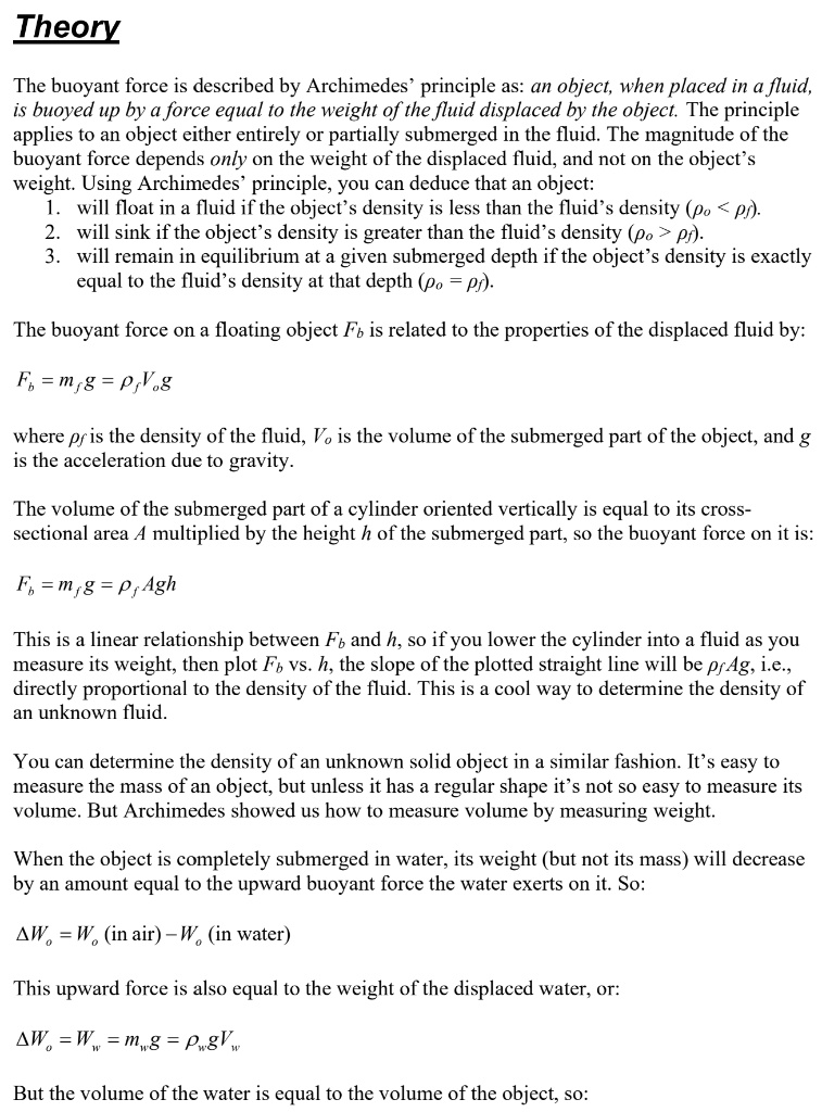 SOLVED The buoyant force is described by Archimedes' principle as an