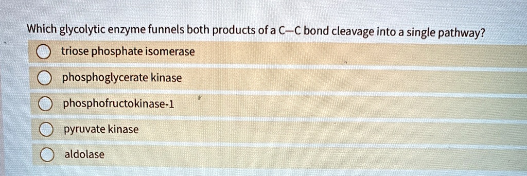 which glycolytic enzyme funnels both products of a c c bond cleavage into a single pathway triose phosphate isomerase phosphoglycerate kinase phosphofructokinase 1 pyruvate kinase aldolase 41562