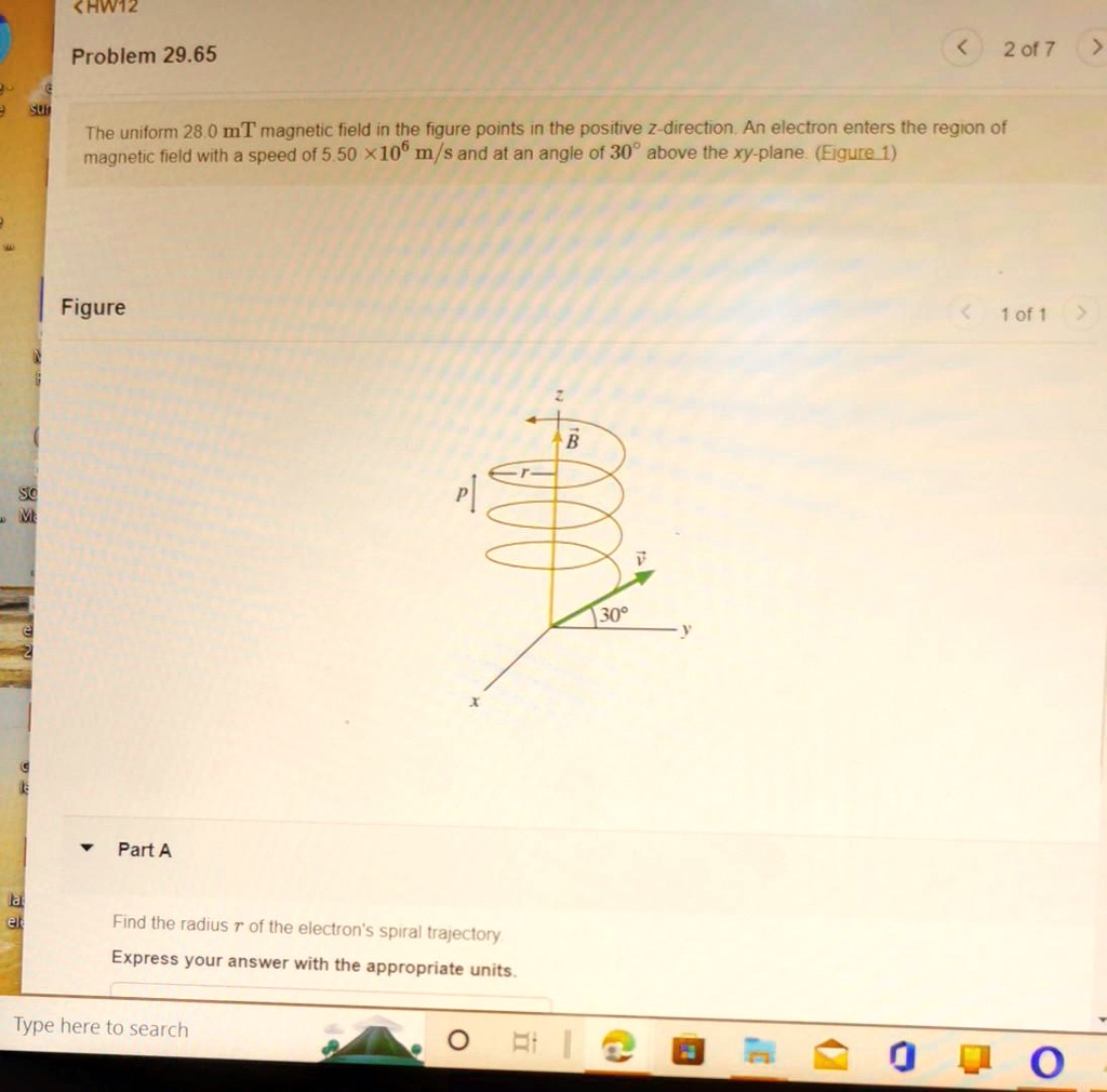 Find the radius r of the electron's spiral trajectory. Find the pitch p