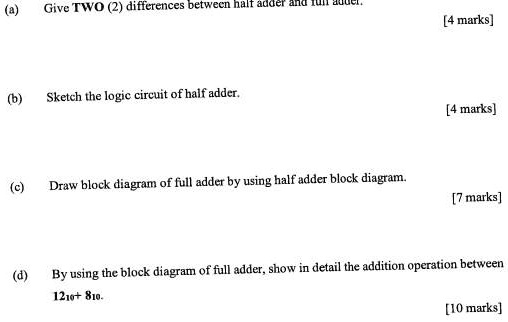 (a) Give TWO (2) differences between half adder and full adder. [4 ...