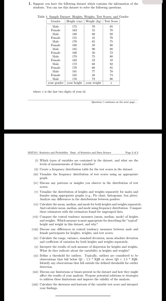 1. Suppose you have the following dataset which contains the information of the students. You can use this dataset to solve the following questions.

Table 1: Sample Dataset: Heights, Weights, Test Scores, and Gender
| Gender | Height (cm) | Weight (kg) | Test Score |
| :— | :— | :— | :— |
| Male | 175 | 70 | 85 |
| Female | 163 | 55 | 78 |
| Male | 180 | 80 | 92 |
| Female | 155 | 45 | 70 |
| Male | 170 | 65 | 75 |
| Female | 168 | 58 | 80 |
| Male | 185 | 90 | 88 |
| Female | 160 | 50 | 72 |
| Male | 178 | 75 | 80 |
| Female | 162 | 52 | 10 |
| Male | 172 | 68 | 82 |
| Female | 170 | 60 | 85 |
| Male | 181 | 77 | 78 |
| Female | 165 | 48 | 74 |
| Male | 176 | 72 | 90 |
| your gender | your height | your weight | x |

where x is the last two digits of your id.

(i) Which types of variables are contained in the dataset, and what are the levels of measurements of these variables?
(ii) Create a frequency distribution table for the test scores in the dataset.
(iii) Visualize the frequency distribution of test scores using an appropriate graph.
(iv) Discuss any patterns or insights you observe in the distribution of test scores.
(v) Visualize the distribution of heights and weights separately for males and females using appropriate graphs (e.g., Pie chart, histograms, box plots). Analyze any differences in the distributions between genders.
(vi) Calculate the mean, median, and mode for both heights and weights separately. And calculate mean, median, and mode using frequency distribution. Compare these estimators with the estimators found for ungrouped data
(vii) Compare the central tendency measures (mean, median, mode) of heights and weights. Which measure is most appropriate for describing the "typical" height and weight in this dataset, and why?
(viii) Discuss any differences in central tendency measures between male and female participants for heights, weights, and test scores.
(ix) Calculate the range, variance, standard deviation, mean absolute deviation and coefficient of variation for both heights and weights separately.
(x) Interpret the results of each measure of dispersion for heights and weights. What do they indicate about the variability in heights and weights?
(xi) Define a threshold for outliers. Typically, outliers are considered to be observations that fall below Q1 - 1.5 * IQR or above Q3 + 1.5 * IQR. Identify any observations that fall outside the defined thresholds for outlier detection.
(xii) Discuss any limitations or biases present in the dataset and how they might affect the results of your analysis. Propose potential solutions or strategies to address these limitations and improve the validity of the analysis.
(xiii) Calculate the skewness and kurtosis of the variable test score and interpret your findings.