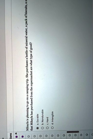 tions mikayla is planning to go on a camping trip she purchases a bottle of mineral water a pack of biscuits a s that mikayla has purchased from the supermarket are what type of good a durab 74406