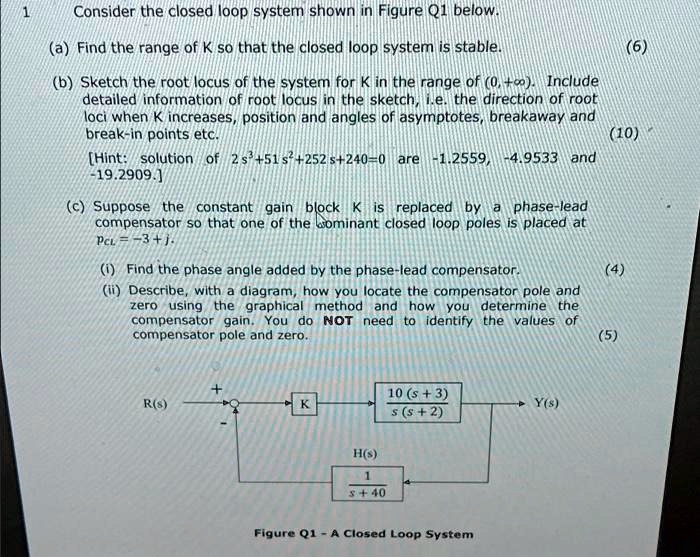 1 Consider the closed loop system shown in Figure Q1 below. (a) Find ...