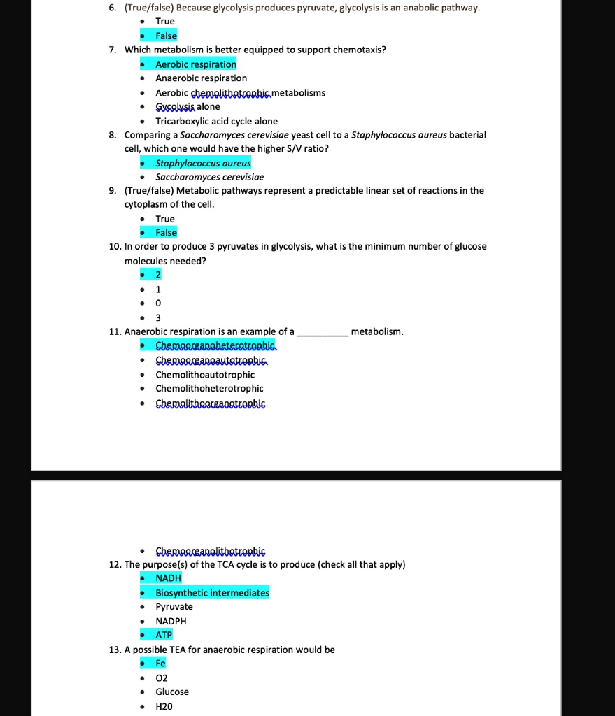 6. (True/false) Because glycolysis produces pyruvate, glycolysis is an anabolic pathway.
• True
• False
7. Which metabolism is better equipped to support chemotaxis?
• Aerobic respiration
• Anaerobic respiration
• Aerobic chemolithotrophic metabolisms
• Glycolysis alone
• Tricarboxylic acid cycle alone
8. Comparing a Saccharomyces cerevisiae yeast cell to a Staphylococcus aureus bacterial cell, which one would have the higher S/V ratio?
• Staphylococcus aureus
• Saccharomyces cerevisiae
9. (True/false) Metabolic pathways represent a predictable linear set of reactions in the cytoplasm of the cell.
• True
• False
10. In order to produce 3 pyruvates in glycolysis, what is the minimum number of glucose molecules needed?
• 2
• 1
• 0
• 3
11. Anaerobic respiration is an example of a  metabolism.
• Chemoorganoheterotrophic
• Chemoorganoautotrophic
• Chemolithoautotrophic
• Chemolithoheterotrophic
• Chemolithoorganotrophic
• Chemoorganolithotrophic
12. The purpose(s) of the TCA cycle is to produce (check all that apply)
• NADH
• Biosynthetic intermediates
• Pyruvate
• NADPH
• ATP
13. A possible TEA for anaerobic respiration would be
• Fe
• O2
• Glucose
• H2O