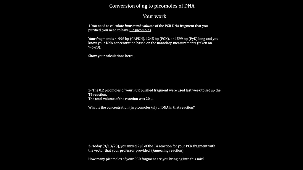 SOLVED: Texts: Conversion of ng to picomoles of DNA Your work 1- You