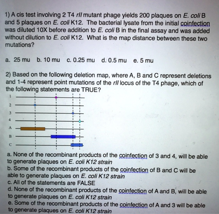 1) A cis test involving 2 T4 rII mutant phage yields 200 plaques on E. coli B and 5 plaques on E. coli K12. The bacterial lysate from the initial coinfection was diluted 10X before addition to E. coli B in the final assay and was added without dilution to E. coli K12. What is the map distance between these two mutations?

a. 25 mu b. 10 mu c. 0.25 mu d. 0.5 mu e. 5 mu

2) Based on the following deletion map, where A, B and C represent deletions and 1-4 represent point mutations of the rII locus of the T4 phage, which of the following statements are TRUE?

a. None of the recombinant products of the coinfection of 3 and 4, will be able to generate plaques on E. coli K12 strain
b. Some of the recombinant products of the coinfection of B and C will be able to generate plaques on E. coli K12 strain
c. All of the statements are FALSE
d. None of the recombinant products of the coinfection of A and B, will be able to generate plaques on E. coli K12 strain
e. Some of the recombinant products of the coinfection of A and 3 will be able to generate plaques on E. coli K12 strain