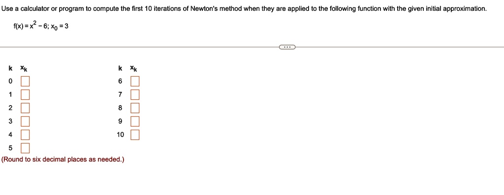 Use a calculator or program to compute the first 10 iterations of Newton's method when they are applied to the following function with the given initial approximation.
f(x) = x^2 - 6; x0 = 3
k   xk
k   xk
0
6
1
7
2
8
3
9
4
10
5
(Round to six decimal places as needed.)