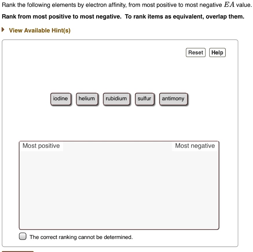 SOLVED Rank the following elements by electron affinity; from most