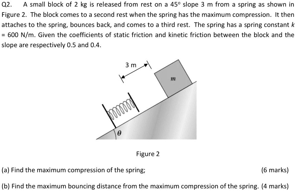 Q2. A small block of 2 kg is released from rest on a 45° slope 3 m from a spring as shown in Figure 2. The block comes to a second rest when the spring has the maximum compression. It then attaches to the spring, bounces back, and comes to a third rest. The spring has a spring constant k = 600 N/m. Given the coefficients of static friction and kinetic friction between the block and the slope are respectively 0.5 and 0.4.

Figure 2

(a) Find the maximum compression of the spring; (6 marks)
(b) Find the maximum bouncing distance from the maximum compression of the spring. (4 marks)