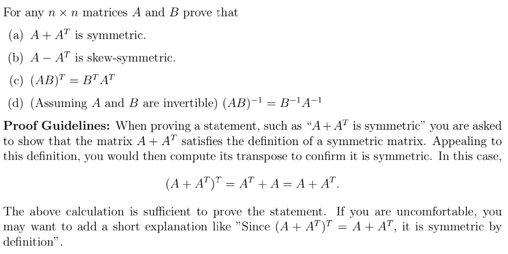 SOLVED: For Any N X N Matrices A And B, Prove That A + A^T Is Symmetric ...