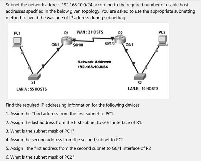Subnet the network address 192.168.10.0/24 according to the required ...
