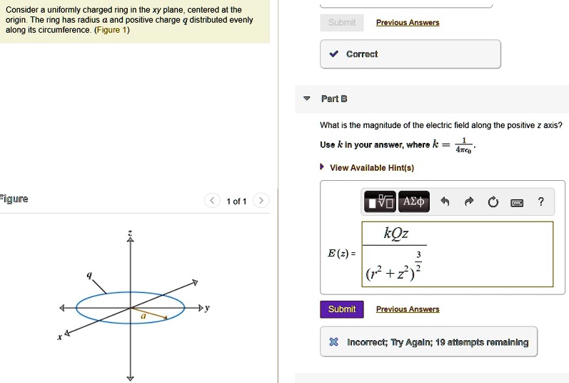 Consider a uniformly charged ring in the xy plane, centered at the origin. The ring has a radius