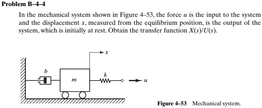 Problem B-4-4
In the mechanical system shown in Figure 4-53, the force u is the input to the system and the displacement x, measured from the equilibrium position, is the output of the system, which is initially at rest. Obtain the transfer function X(s)/U(s).