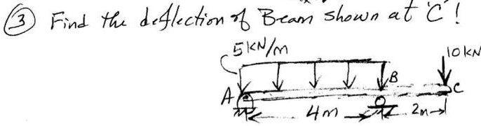 ? Find the deflection of Beam shown at C!
5KN/m
10KN
B
C
A
4m 2m