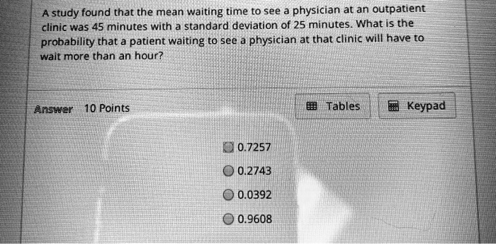 A study found that the mean waiting time to see a physician at an outpatient clinic was 45 minutes with a standard deviation of 25 minutes. What is the probability that a patient waiting to see a physician at that clinic will have to wait more than an hour?
Answer 10 Points
Tables Keypad
0.7257
0.2743
0.0392
0.9608