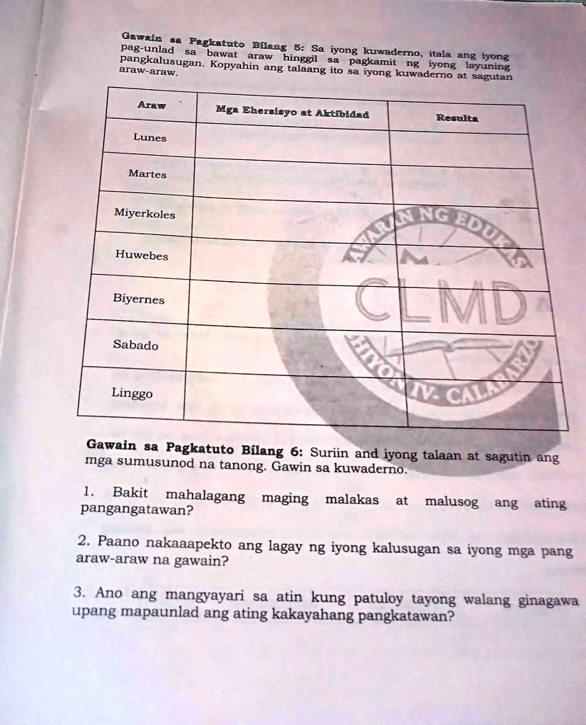 Solved Gawain Sa Pagkatuto Bilang 5 Sa Iyong Kuwaderno Itala Ang Iyong Pag Unlad Bawat Araw 6905