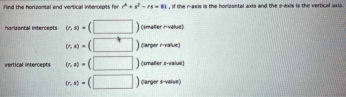 Find the horizontal and vertical intercepts for r^4 + s^2 - rs = 81, if the r-axis is the horizontal axis and the s-axis is the vertical axis.
horizontal intercepts (r, s) = ( ) (smaller r-value)
(r, s) = ( ) (larger r-value)
vertical intercepts (r, s) = ( ) (smaller s-value)
(r, s) = ( ) (larger s-value)