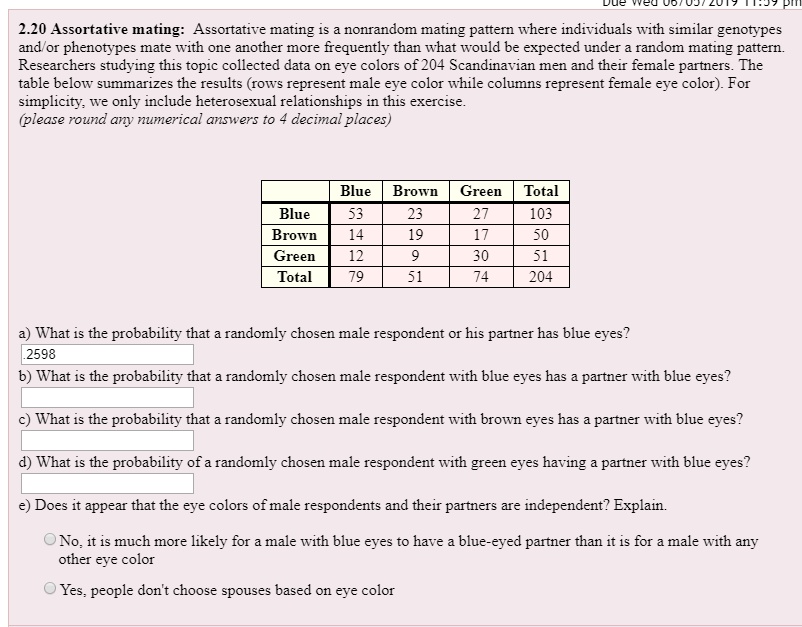SOLVED: 2.20 Assortatire mating: Assortative mating is nonrandom mating ...