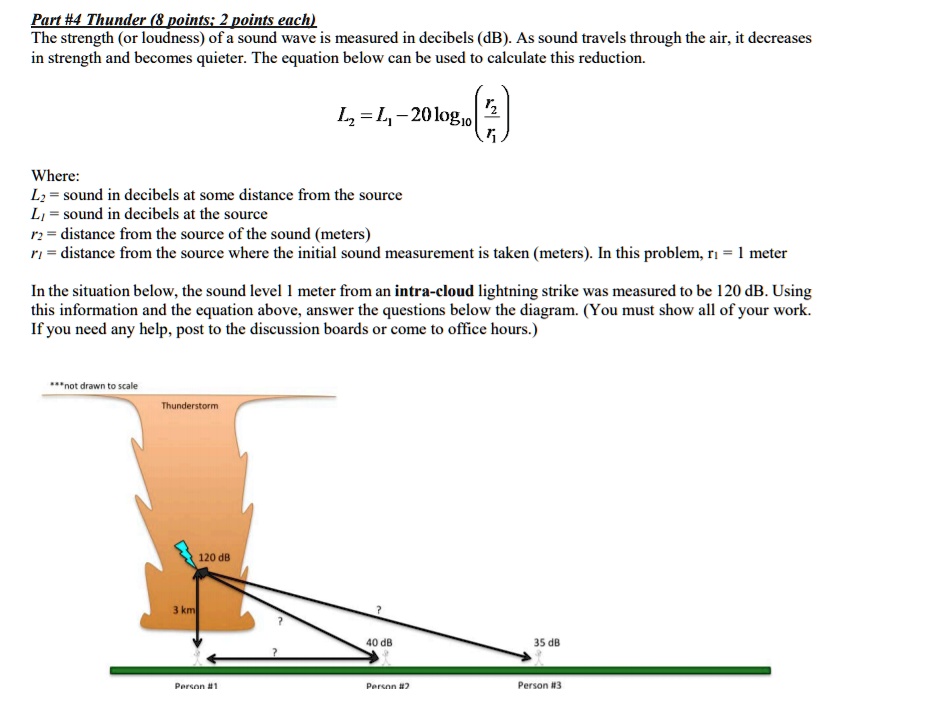 SOLVED If person 2 hears a rumble of thunder at 40 dB how far