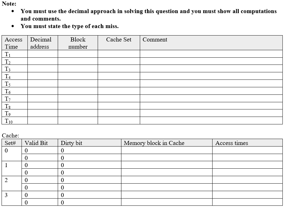 Note:
• You must use the decimal approach in solving this question and you must show all computations
and comments.
• You must state the type of each miss.
Access
Decimal
Time
address
Block
number
T1
T2
T3
T4
T5
T6
T7
T8
T9
T10
Cache:
Set#
Valid Bit
Dirty bit
Memory block in Cache
Access times
0
0
0
0
0
1
0
0
0
0
2
0
0
0
0
3
0
0
0
0
Cache Set
Comment