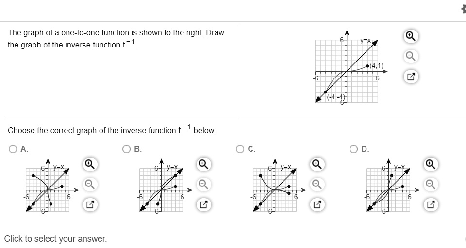 The graph of a one-to-one function is shown to the right. Draw the graph of the inverse function f?¹.
Choose the correct graph of the inverse function f?¹ below.
A. B. C. D.
Click to select your answer.