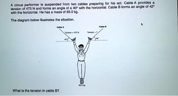 SOLVED:circus performer is suspended from two cables preparing for his ...