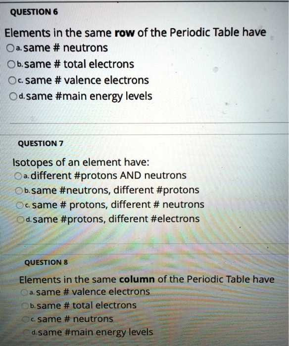 SOLVED QUESTION 6 Elements in the same row of the Periodic Table