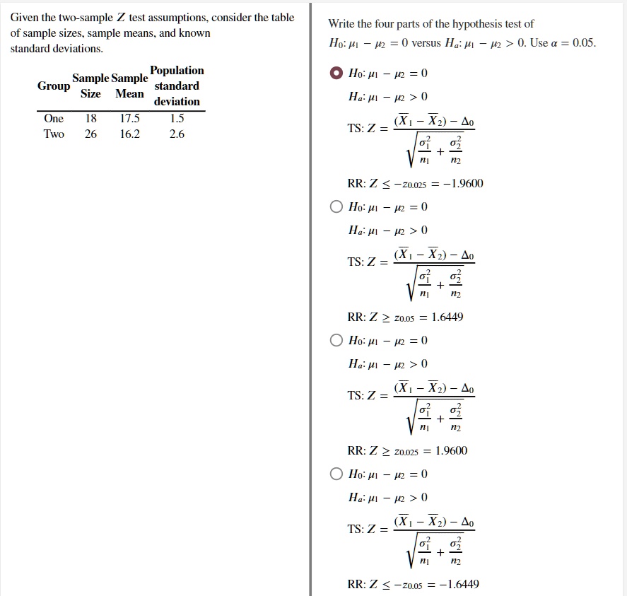 Solved Given The Two Sample Z Test Assumptions Consider The Table Of Sample Sizes Sample Means And Known Standard Deviations Write The Four Parts Of The Hypothesis Test Of Ho Li P2 0