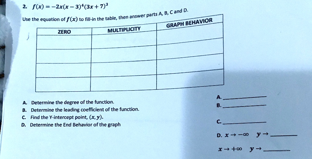 Solved F X 2x X 3 3x 7 3 A B Cand Answer Parts Use The Equation Of F X To Fill In The Table Then Behavior Graph Zero Multipucity Determine The Degree Of The Function
