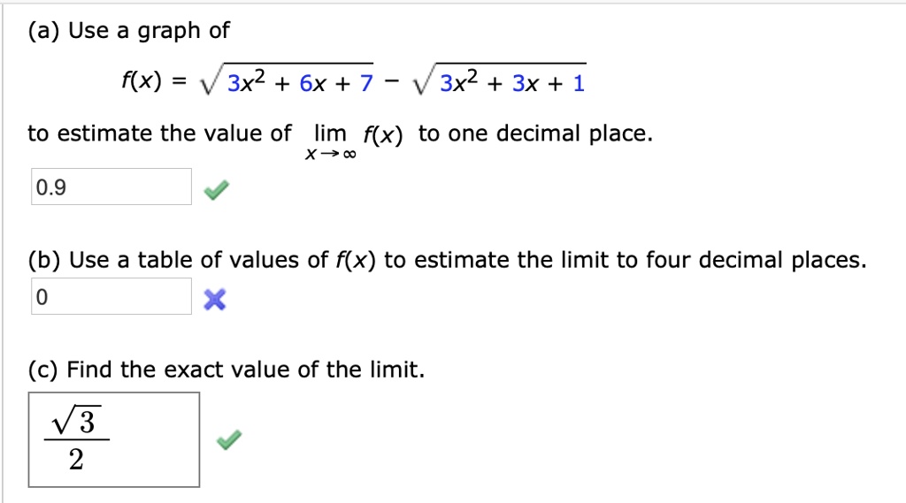 Solved A Use A Graph Of F X 3x2 6x 7 3x2 3x 1 To Estimate The Value Of Lim Flx To One Decimal Place X 0 0 9 B Use A