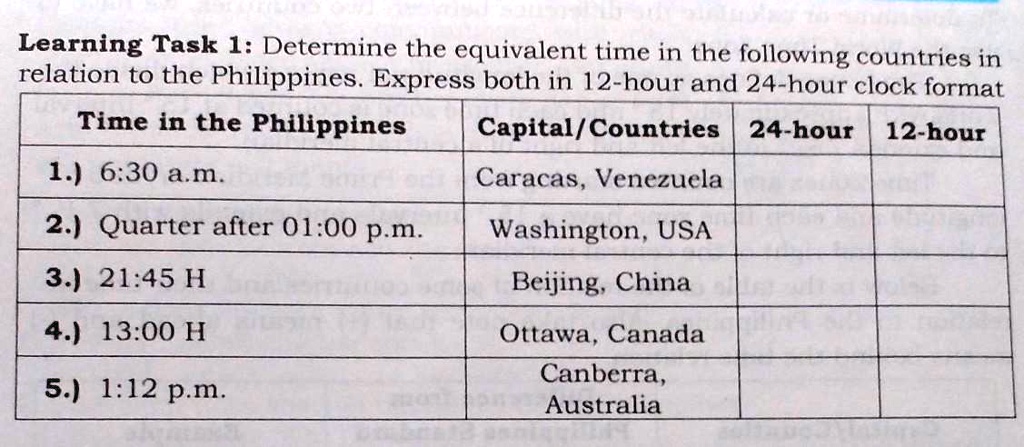 Learning Task 1: Determine the equivalent time in the following ...