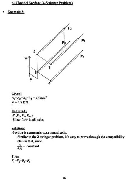 b) Channel Section: (4-Stringer Problem)
• Example 5:
V
2
3
1
4
F2
F1
F4
Given:
A1 = A2 = A3 = A4 = 300mm²
V = 4.8 KN
Required:
-F1, F2, F3, F4, e
-Shear flow in all webs
Solution:
-Section is symmetric w.r.t neutral axis;
-Similar to the 2-stringer problem, it's easy to prove through the compatibility
relation that, since
(Fi)/(Ai) = constant
Then,
F1 = F2 = F3 = F4