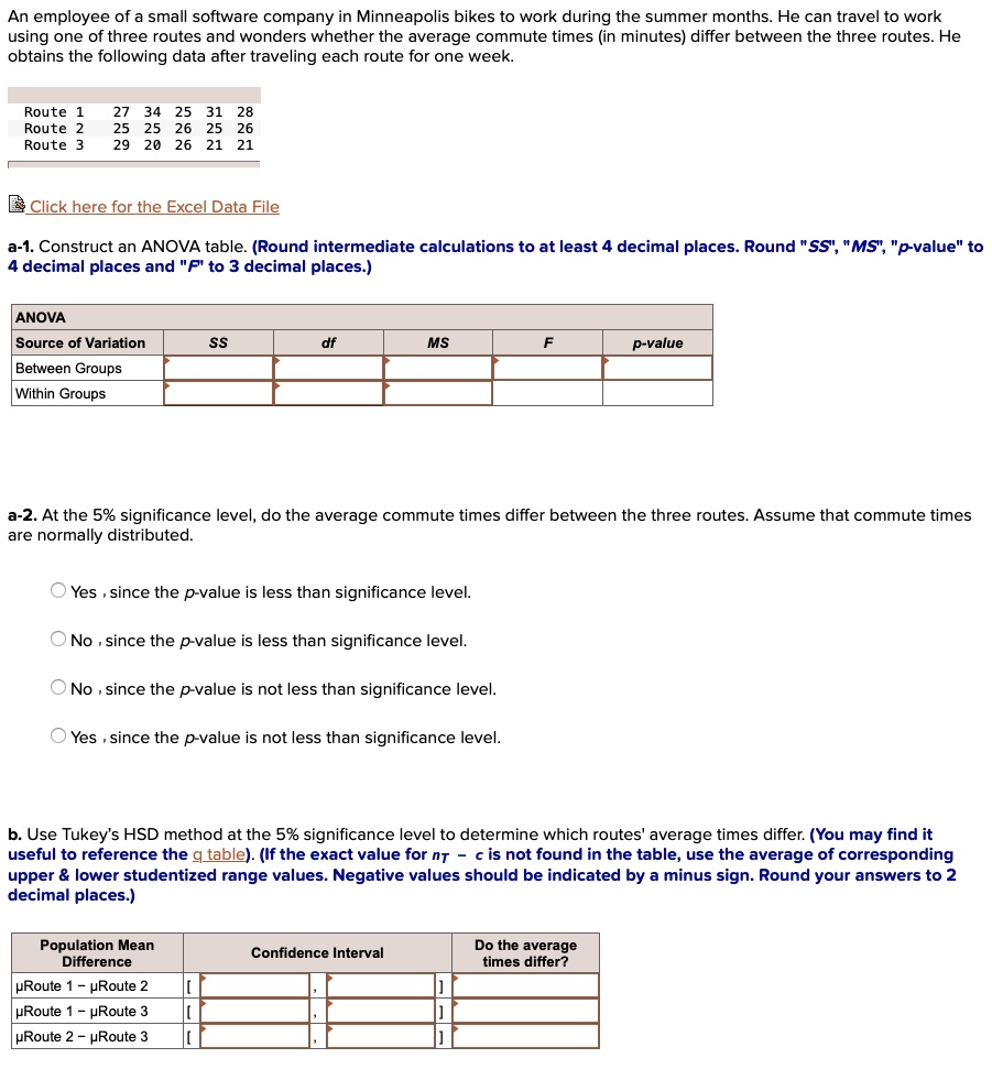 An employee of a small software company in Minneapolis bikes to work during the summer months. He can travel to work using one of three routes and wonders whether the average commute times (in minutes) differ between the three routes. He obtains the following data after traveling each route for one week.

Route 1 27 34 25 31 28
Route 2 25 25 26 25 26
Route 3 29 20 26 21 21

Click here for the Excel Data File

a-1. Construct an ANOVA table. (Round intermediate calculations to at least 4 decimal places. Round "SS", "MS", "p-value" to 4 decimal places and "F" to 3 decimal places.)

ANOVA
Source of Variation SS df MS F p-value
Between Groups
Within Groups

a-2. At the 5% significance level, do the average commute times differ between the three routes. Assume that commute times are normally distributed.

Yes , since the p-value is less than significance level.
No , since the p-value is less than significance level.
No , since the p-value is not less than significance level.
Yes , since the p-value is not less than significance level.

b. Use Tukey's HSD method at the 5% significance level to determine which routes' average times differ. (You may find it useful to reference the q table). (If the exact value for nT - c is not found in the table, use the average of corresponding upper & lower studentized range values. Negative values should be indicated by a minus sign. Round your answers to 2 decimal places.)

Population Mean Difference Confidence Interval Do the average times differ?
?Route 1 - ?Route 2 [	, ]
?Route 1 - ?Route 3 [	, ]
?Route 2 - ?Route 3 [	, ]