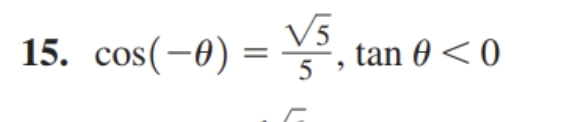 15. ( cos (-	heta)=fracsqrt55, 	an 	heta<0 )