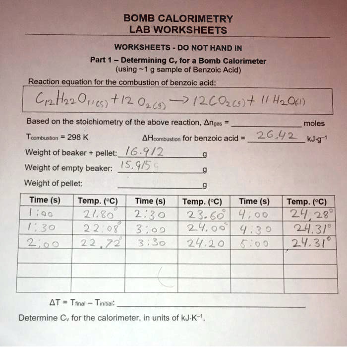 SOLVED Please determine Cv for the calorimeter. BOMB CALORIMETRY LAB