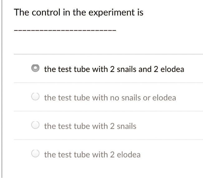SOLVED The control in the experiment is the test tube with 2 snails