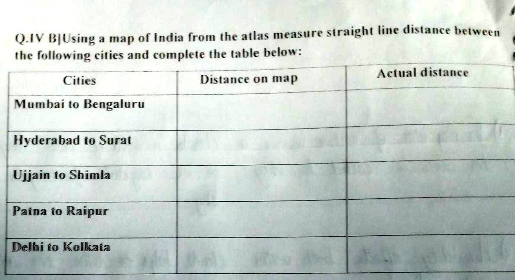 Distance Between Hyderabad To Patna Solved:'q.iv Bjusing A Map Of India From The Atlas Measure Straight Line Distance  Between The Following Cities And Complete The Table Below: Q.iv B Using Map  Of India From The Atlas Measure