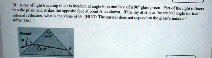10. A ray of light traveling in air is incident at angle ? on one face of a 90° glass prism. Part of the light refracts into the prism and strikes the opposite face at point A, as shown. If the ray at A is at the critical angle for total internal reflection, what is the value of ?? (HINT: The answer does not depend on the glass's index of refraction.)