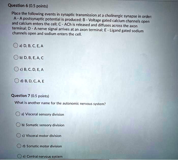 Question 6 (0.5 points)
Place the following events in synaptic transmission at a cholinergic synapse in order:
A - A postsynaptic potential is produced; B - Voltage gated calcium channels open
and calcium enters the cell; C - ACh is released and diffuses across the axon
terminal; D - A nerve signal arrives at an axon terminal; E - Ligand gated sodium
channels open and sodium enters the cell.

a) D, B, C, E, A
b) D, B, E, A, C
c) B, C, D, E, A
d) B, D, C, A, E

Question 7 (0.5 points)
What is another name for the autonomic nervous system?

a) Visceral sensory division
b) Somatic sensory division
c) Visceral motor division
d) Somatic motor division
e) Central nervous system