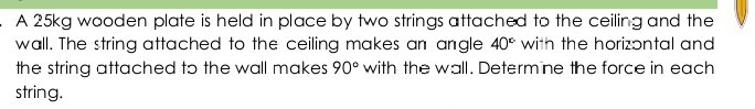 A 25kg wooden plate is held in place by two strings attached to the ceiling and the wall. The string attached to the ceiling makes an angle 40^∘ with the horizontal and the string attached to the wall makes 90^∘ with the wall. Determine the force in each string.